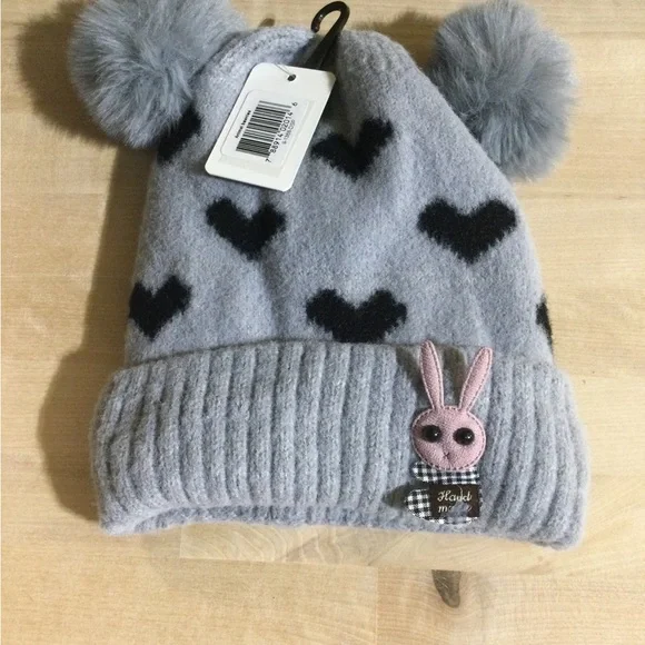 Kids Gray Heart Pattern Beanie with Pom Poms
