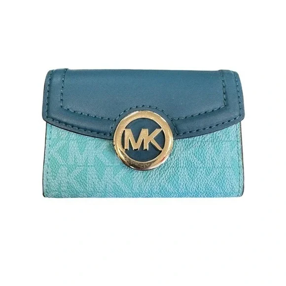 Michael Kors Teal Monogram Trifold Key Case Wallet Gold‎ Tone MK Logo Medallion