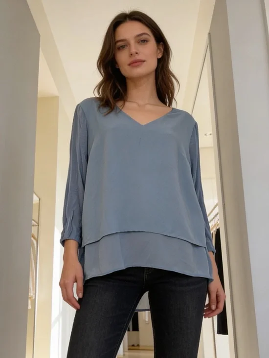 Michael Kors Blue Layered Hem Blouse Flowy V Neck Tunic Top Large