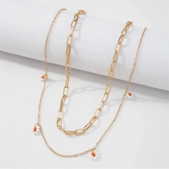 Beautiful Gold Color Chain Necklace with Orange & White Flower - NWOT