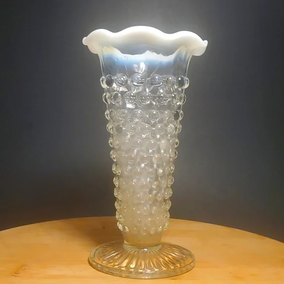 VINTAGE Opalescent Moonstone Ruffle Top Clear Hobnail 5 1/2