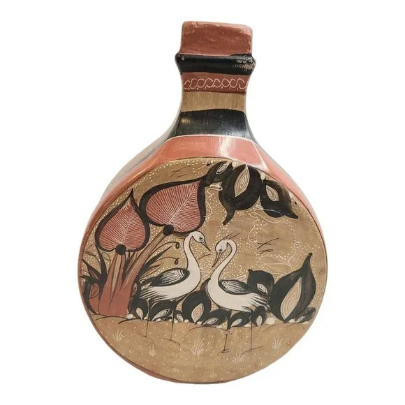 Mexican Folk Pottery Jug Tonala Vase Deer Birds Plants Hand Painted E Perez sign