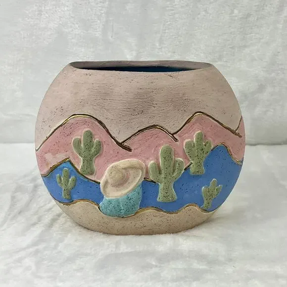 Southwestern Desert Scene Pottery Vase Cactus Sunset Relief Painted 5.5 Handmade
