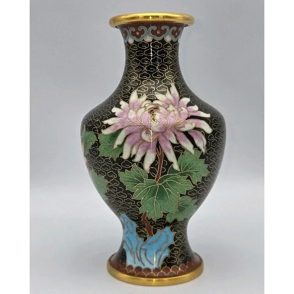 Chinese Cloisonne Bud Vase Black Pink Floral Clouds Enamel Brass MCM 6.25