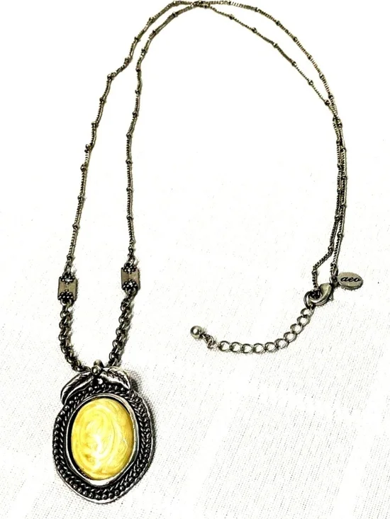 American Eagle Silver-Tone Necklace with Yellow Cameo Pendant Sell As It Is