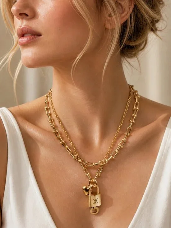 Authentic Louis Vuitton Gold Padlock w/ Unbranded Fashion Stainless Steel Chain