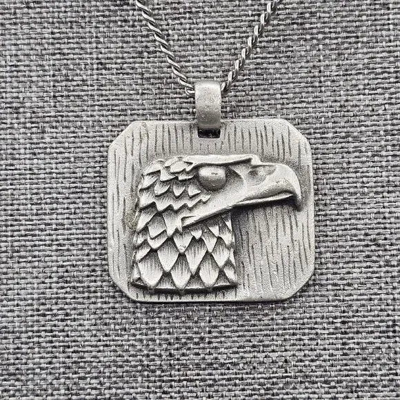 Vintage American Eagle Pendant Necklace Pewter 3D Tag USA Patriotic Americana