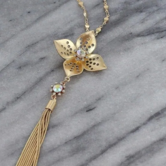 Matte Goldtone & Crystal Cut-Out Flower Tassel