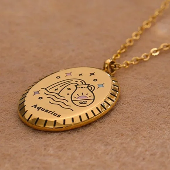 AQUARIUS--NEW 18K Gold Plated Sign Zodiac Oval Pendant Necklace