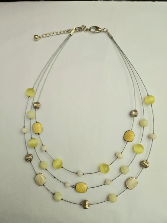 Vintage Style Silver Tone Yellow Ivory Enamel Beaded 3 Strand Bib Necklace