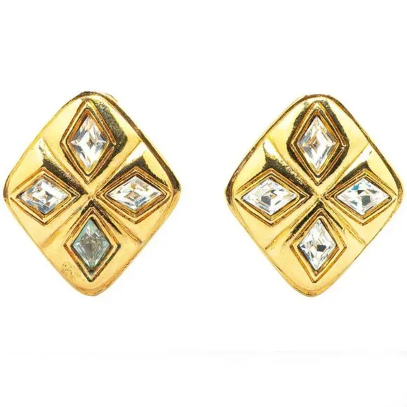 CHANEL Rhonestone Rhombus Clip-On Earrings Gold Tone Auth #4764