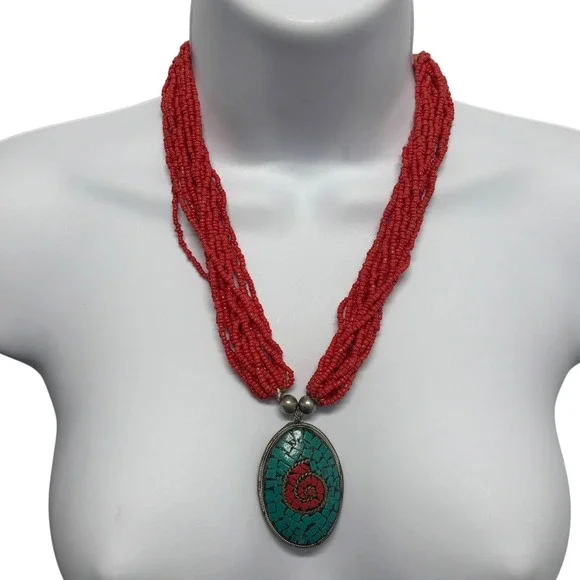 Vintage Red Multi Strand Seed Bead Necklace Turquoise Coral Mosaic Pendant Boho