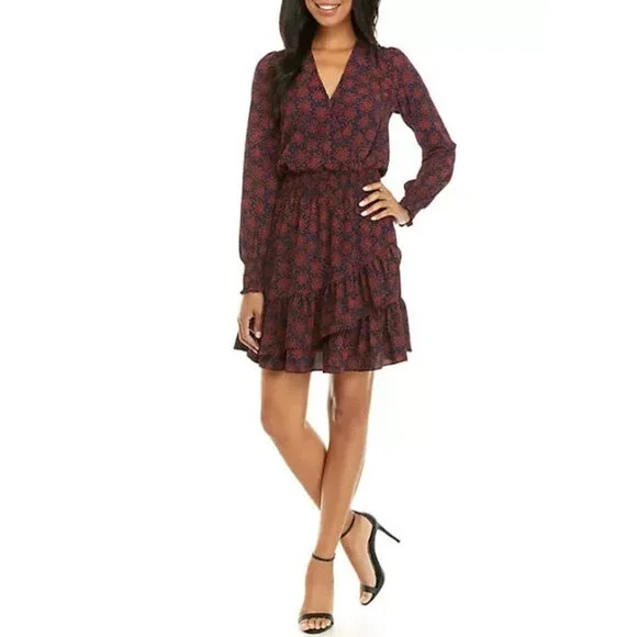 Michael Kors Navy Blue & Red Floral V-neck Long‎ Sleeve Layered Dress. Size P/2