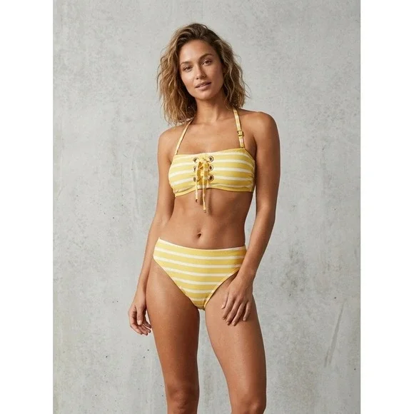 Michael Kors Striped Lace Up Bandeau High Waist Bikini Set Yellow White XS