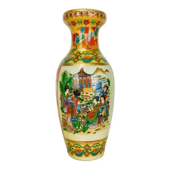Early 1900s Japanese Geisha Satsuma Hand Painted Porcelain Gold Guild Vase 8
