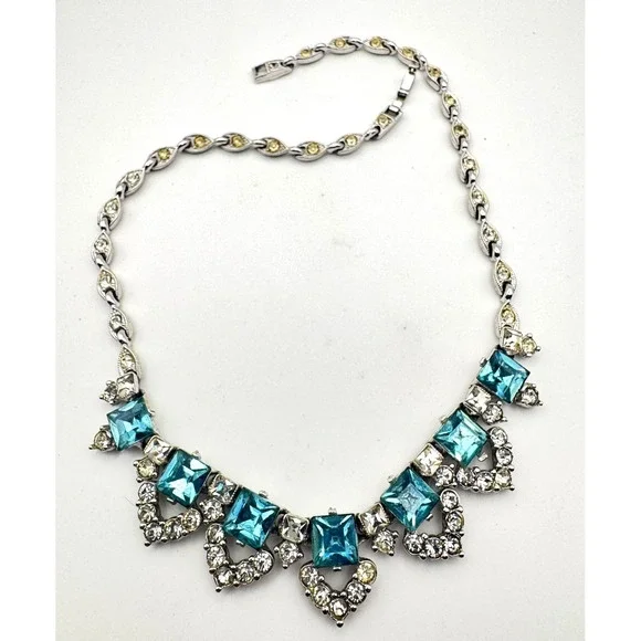 Vintage BOGOFF Necklace Blue Rhinestone Silver Tone MCM Aqua Teal