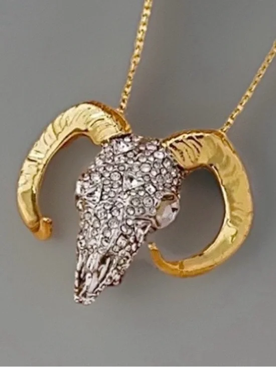 ALEXIS BITTAR Silver Gold Western Crystal Ram Head Skull Horn Necklace