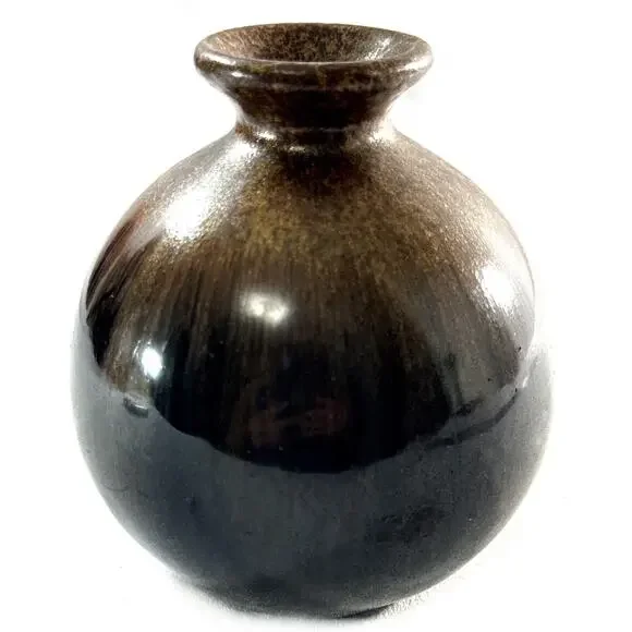 Small Round Studio Gold Crystalline Hombre Shades of Brown Pottery Art Vase