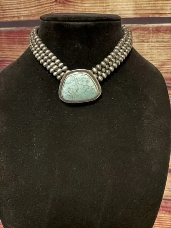 Western Turquoise Pearl Choker Necklace Silver Bead Cowgirl NWT