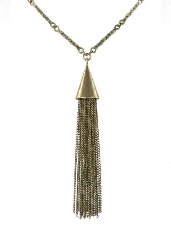Lucky Brand Antique Brass Cone Tassel Fringe Pendant Boho Statement Necklace