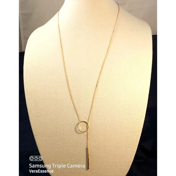 Sterling Forever Gold Plated Brass Circle & Bar Lariat long Necklace