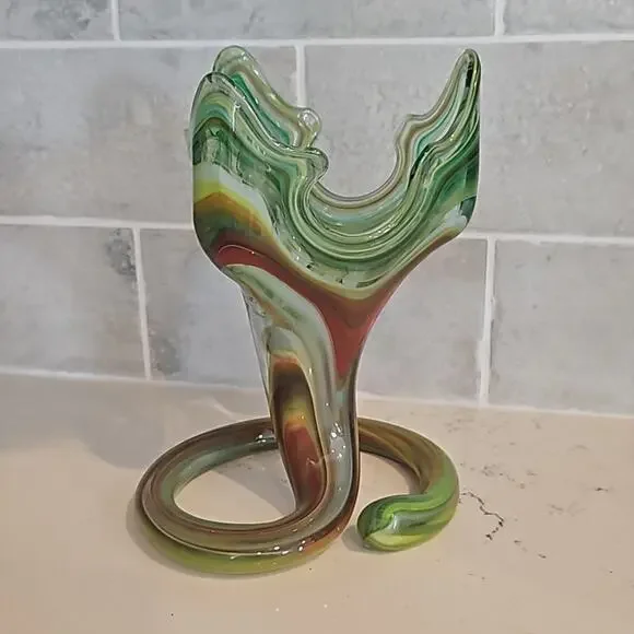 Vintage Green and Brown Hand Blown Spiral Art Glass Vase - 8