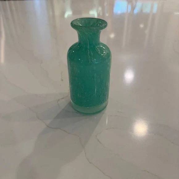 Teal Green Controlled Bubble Art Glass Bud Vase Swirl‎ Rim Weighted Base