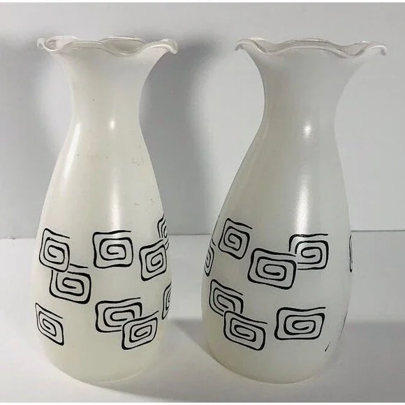 Vintage 1950’s MCM ATOMIC Set of 2-7 in Frosted White VASES  w/Black Mod Design