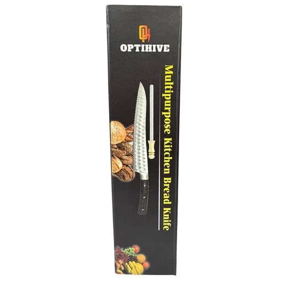 Optihive Kitchen Bread Knife Hammered Stainless Steel with Sharpener NEW