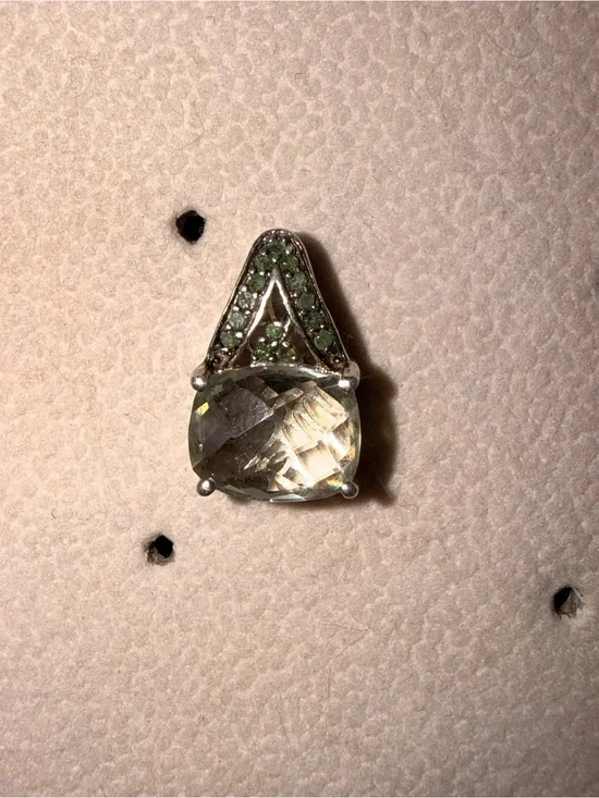 Vintage Colleen Lopez 925 Sterling Trilliant Prasiolite & Green Diamond Pendant
