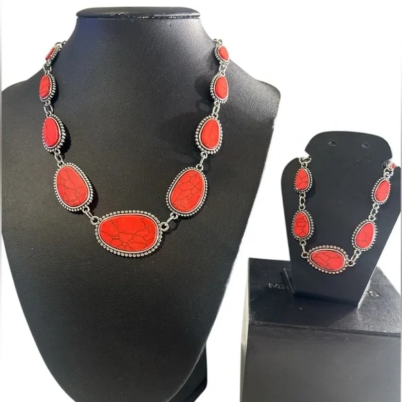Paparazzi Red Crackle Stone Necklace & Matching Bracelet, NWT
