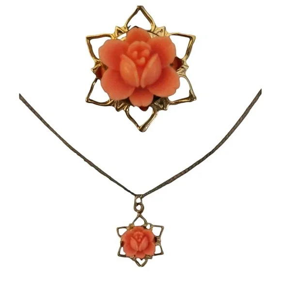 Faux coral rose‎ pendant necklace vintage SKUJ041