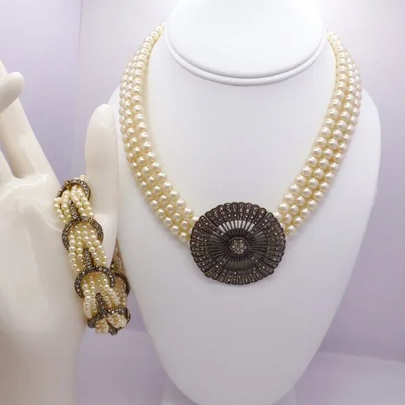 Heidi Daus Faux Pearl & Swarovski Crystal Necklace + Bracelet Set PERFECT 32165