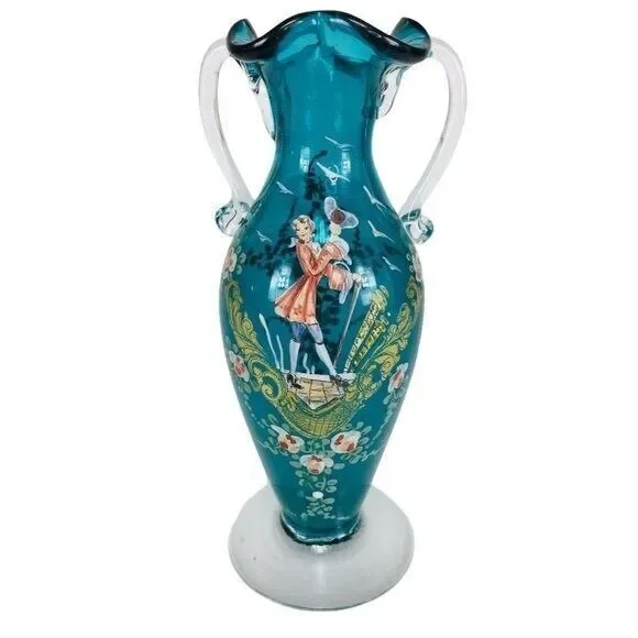 1900s Victorian Hand Painted Teal Gold Leaf Floral Blown Glass Ruffle Vase