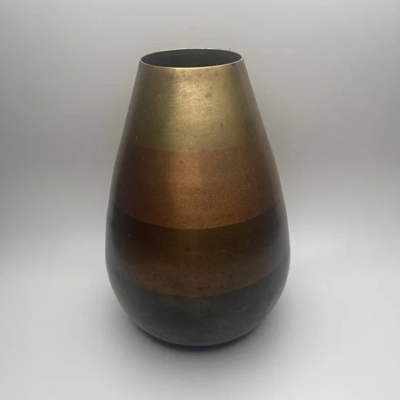 Crate & Barrel Copper Vase Mixed‎ Metal Tone Modernist Horizontal Stripes IS AS