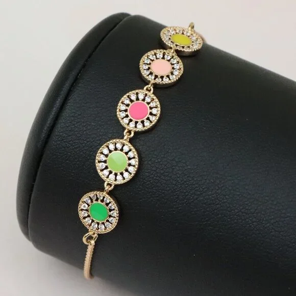 Rose Gold Adjustable Bracelet with Colorful CZ Disc Charms, XPAB0659