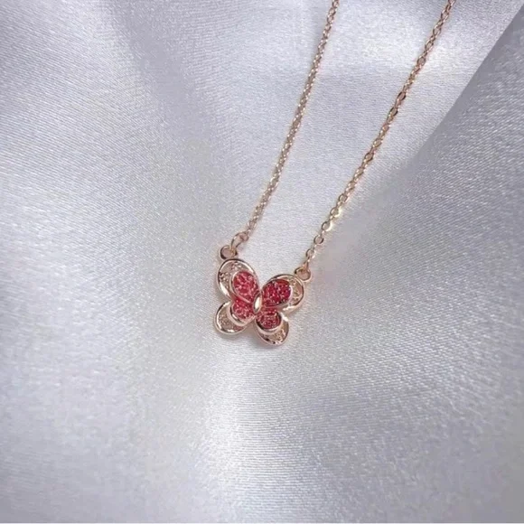 Elegant Cold Tone & Pink Butterfly Pendant Necklace - NWOT