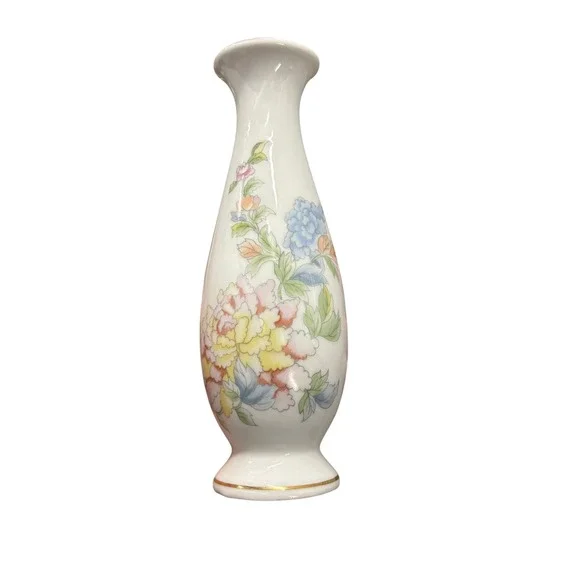 Andrea by Sadek Floral Porcelain Bud Vase Japan Gold Trim Peony 9890 White 6.5
