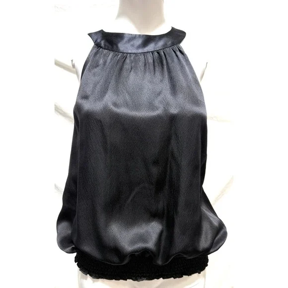 Michael Kors Women's Size 6 Black Silk Sleeveless High Neck Smocked Blouse