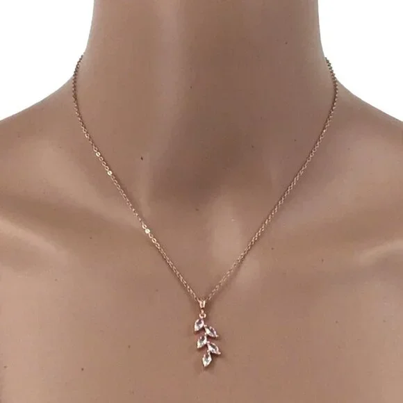 Cubic Zirconia Olive Branch Pendant Necklace Earring Set Rose Gold