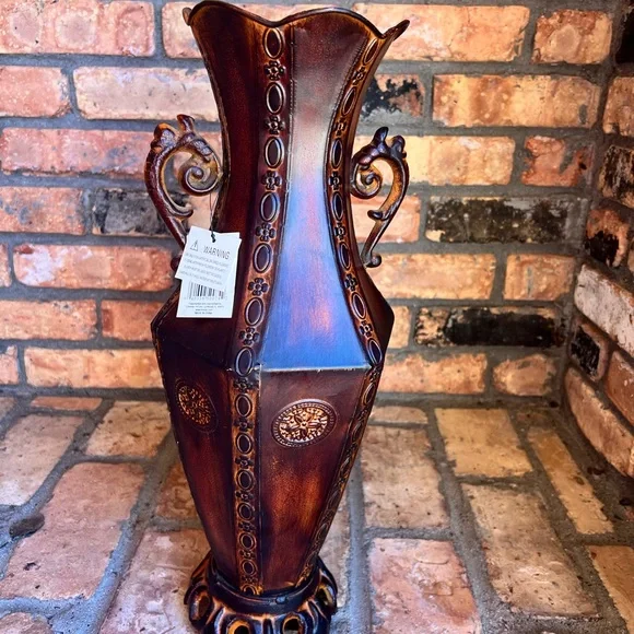 Antique-Style Metal Brown Embossed Decorative Floor Vase with Handles 18” tall