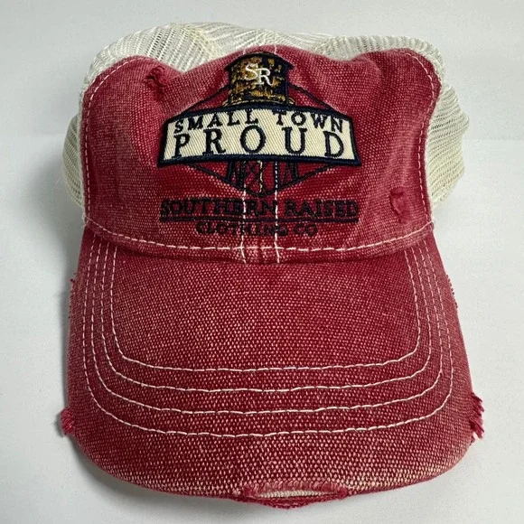 Southern Raised Small Town Proud Trucker Hat Red White Mesh Distressed‎ Kitsch