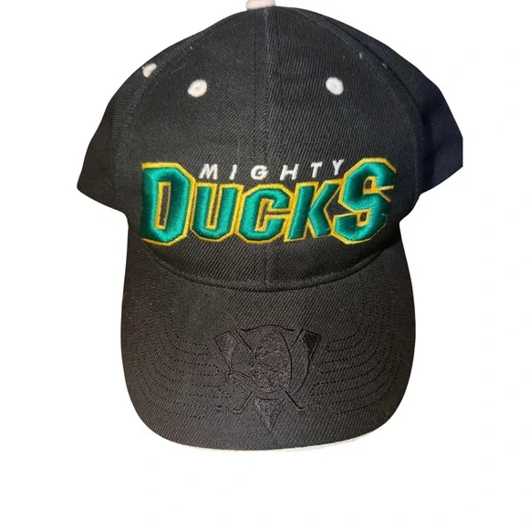 Vintage Mighty Ducks NHL Hat Drew Pearson Black Adjustable Strapback Cap Mens