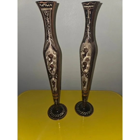 Gulistan 2505 Turkish Copper Bud Vases Pair Etched Floral Design Made in Turkey