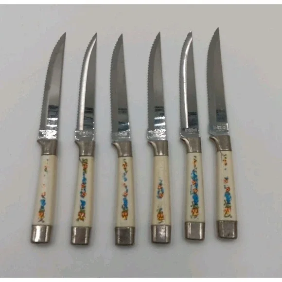 6 VTG Steak Knives Plastic Handle‎ Blue Bird Orange Stainless
