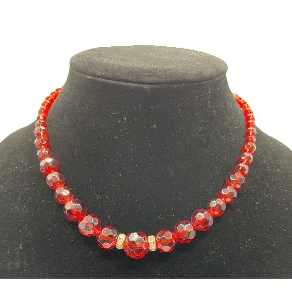 Red Glass Bead Choker Necklace 16-18”