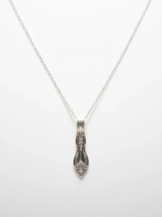 Handmade‎ boho repurposed silver stainless steel floral spoon pendant necklace