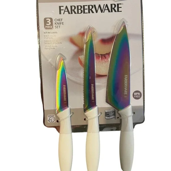 FARBERWARE 3 PIECE‎ PARING CHEF KNIFE SET STAINLESS STEEL KITCHEN BAKING PREP