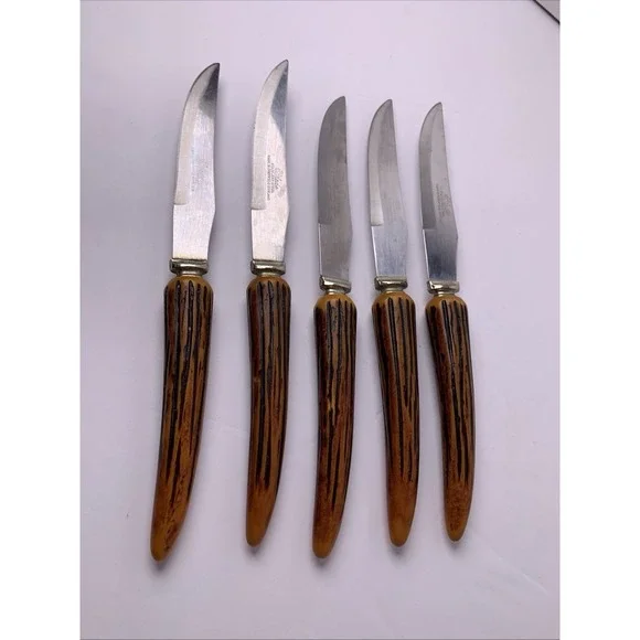 5 Vintage Steak Knives Stainless‎ Steel Blade Sheffield England Faux Antler