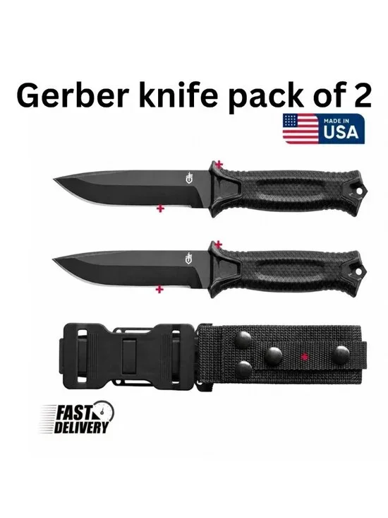 Gerber Gear Strong Arm - Fixed Blade,  Tang Knife - Black, Plain Edge pack  of 2